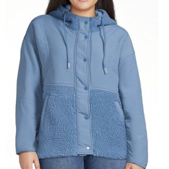 New $50 Time and Tru Women Mixed Media Snap‎ Sherpa Hooded Jacket Blue XL 16-18 - Picture 1 of 7